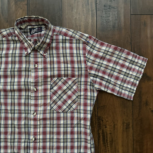 Vintage 70s Levis Mens Shirt M Tapered Fit blue Red Plaid Button Up 80s Big E