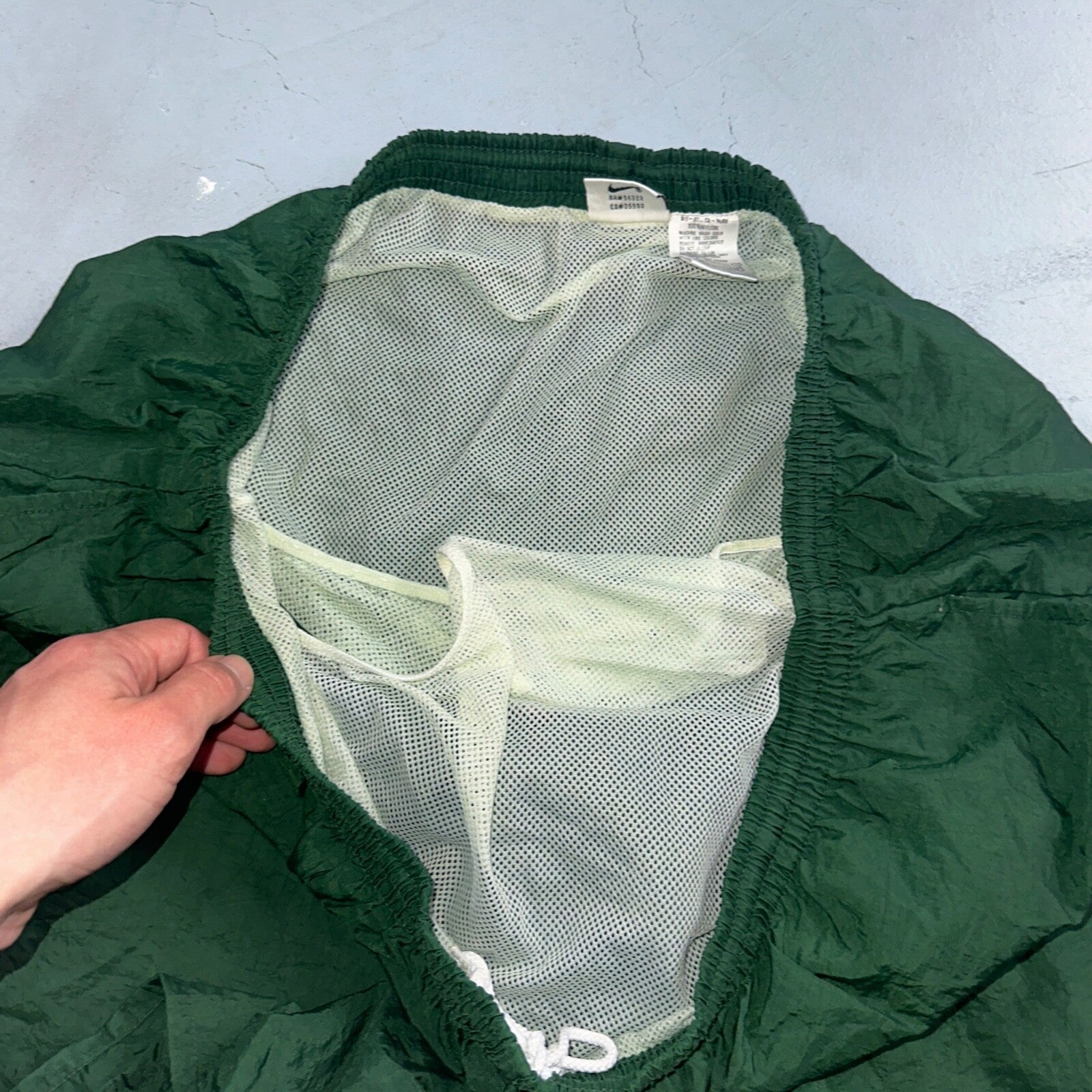 Nike Vintage Green Nylon Shorts Swoosh 2XL 90s White Tag 5” Inseam Running Swim