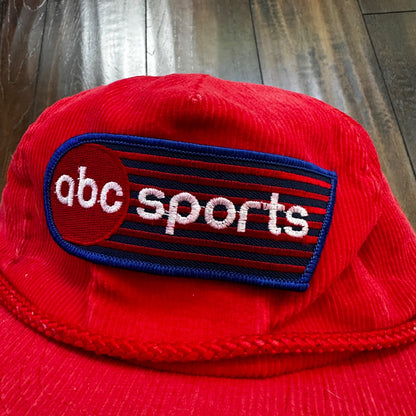 ABC Sports Corduroy Red VTG Hat Cap Snapback 80s TV Television Basketball