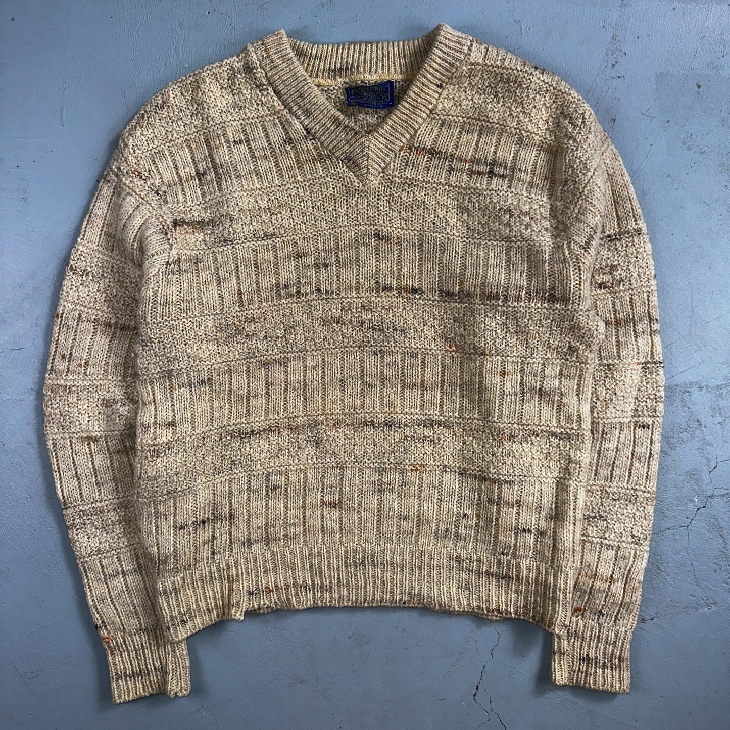 Pendleton VTG Womens V Neck Pullover Wool Sweater Ivory 1970s 70s L Fisherman