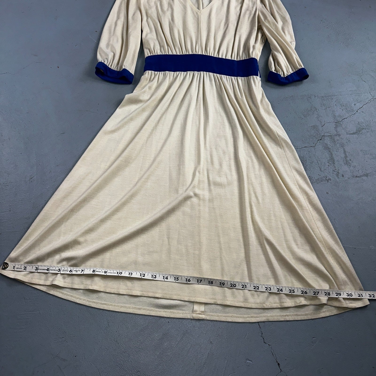 Vintage René Helga Howie Cream Midi Dress Blue Trim V-Neck 3/4 Sleeve Boho 70s