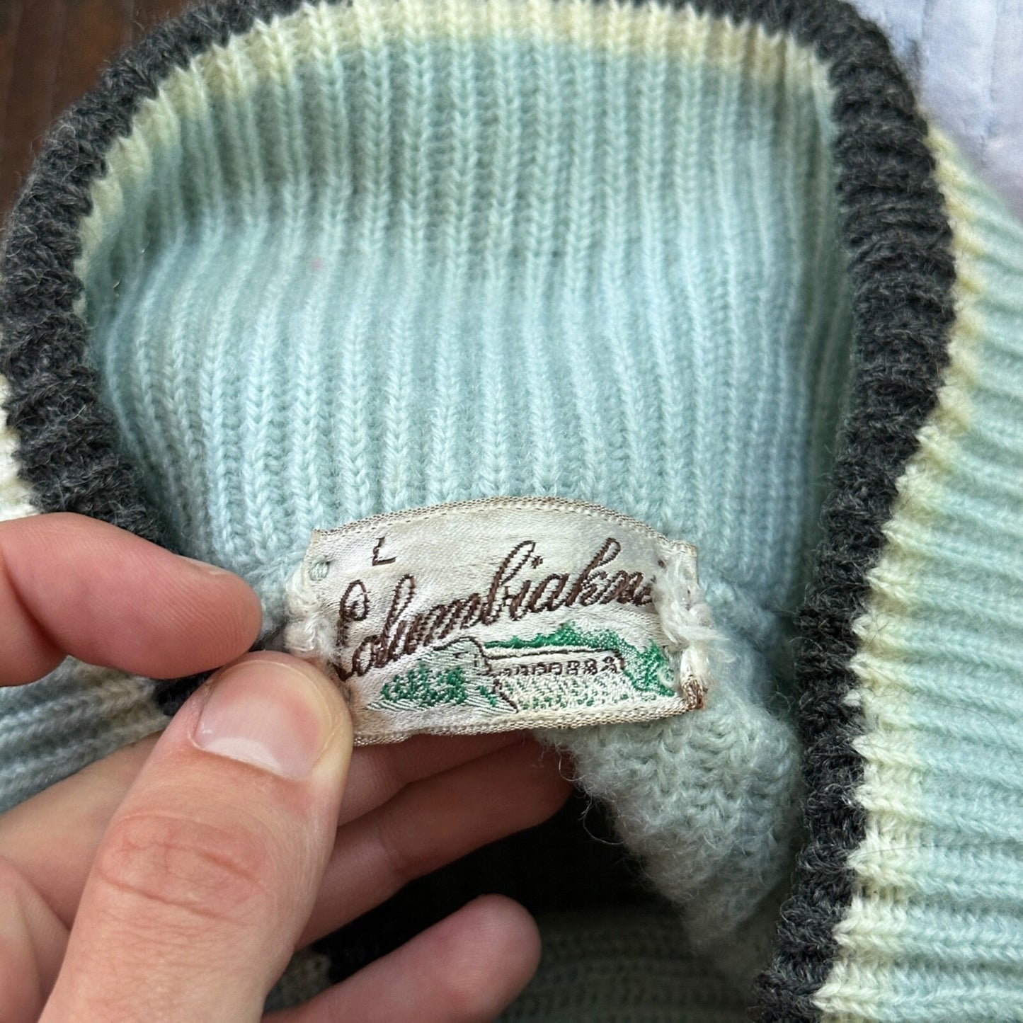 VTG 70s Columbia Knit Rugby Gear Sweater Zip Up Blue Color Block Made In USA