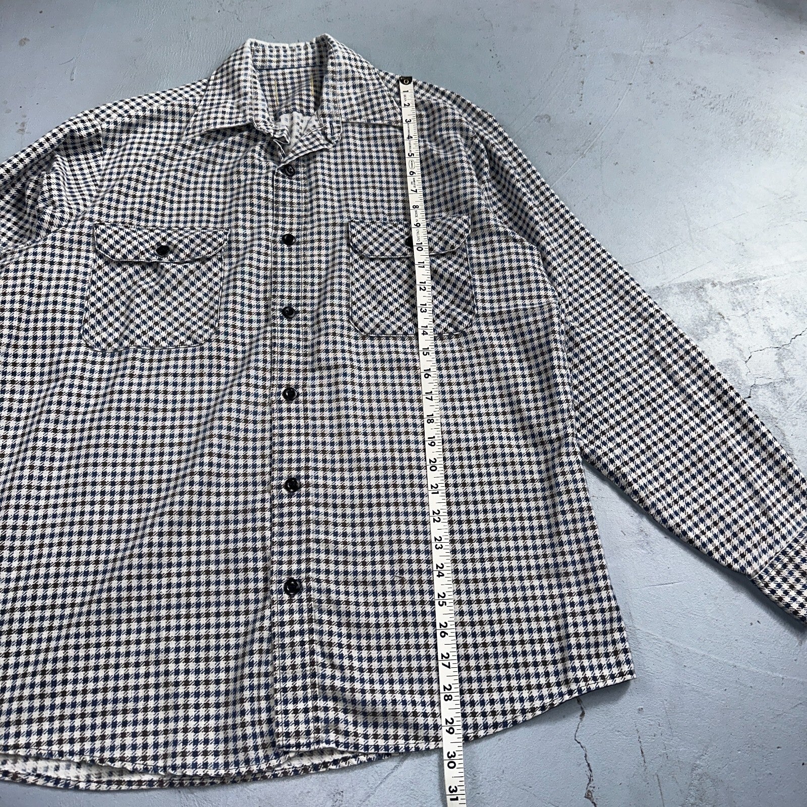 1970s Plaid Long Sleeve Striped Button Down Shirt 60s 70s Rockabilly Checker