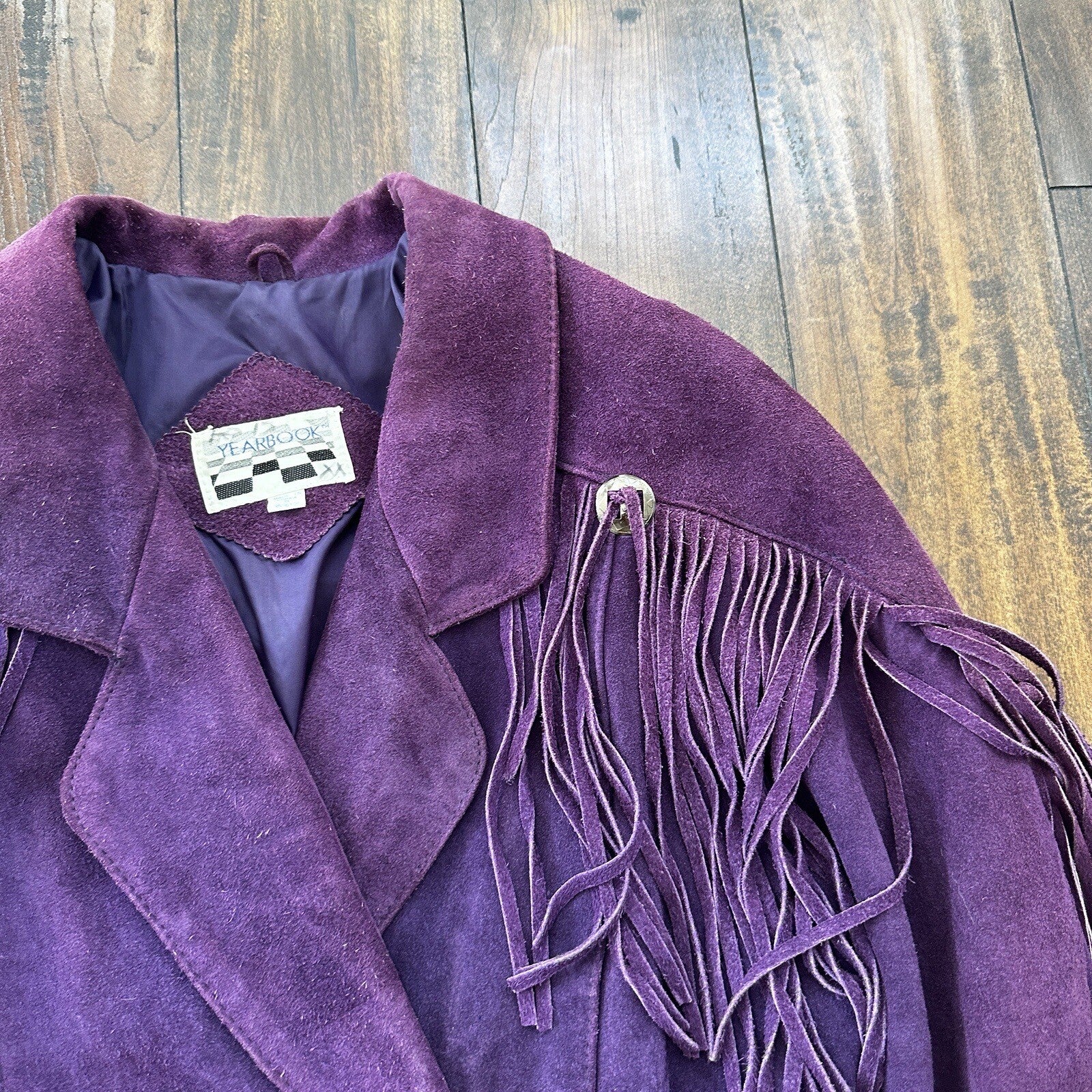 VTG Yearbook 1980s Suede Leather Jacket Purple Tassels Cowgirl Cowboy 80s 70s