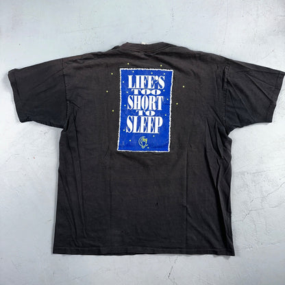 Denneys Til Dawn 90s VTG T Shirt Funny Owl Life Too Short Sleep Joke Text Faded