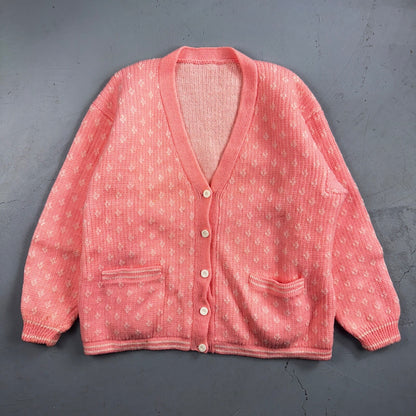 Vintage Pink Knit Sweater Cardigan Womens 70s 80s Basic Cozy Essential Winter