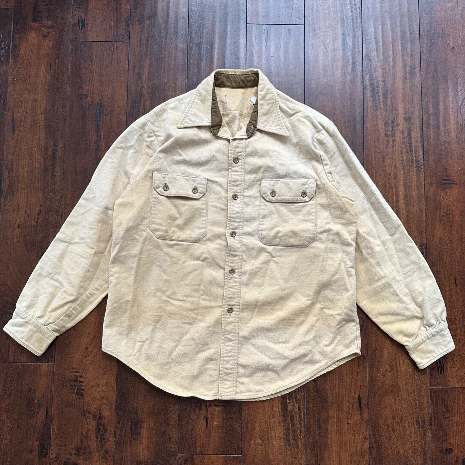 VTG Beige Shirt Mens L Cowboy Tan Chamois Flannel Button Up Pockets 80s