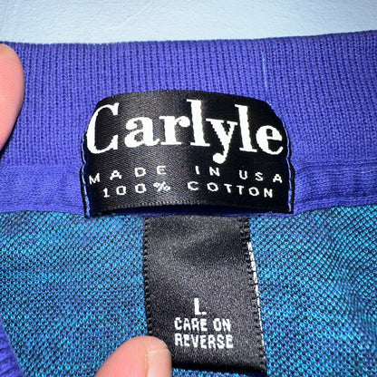 Carlyle VTG Short Sleeve Knit Polo Sz L Rockabilly Crazy Print Pattern Blue 70s