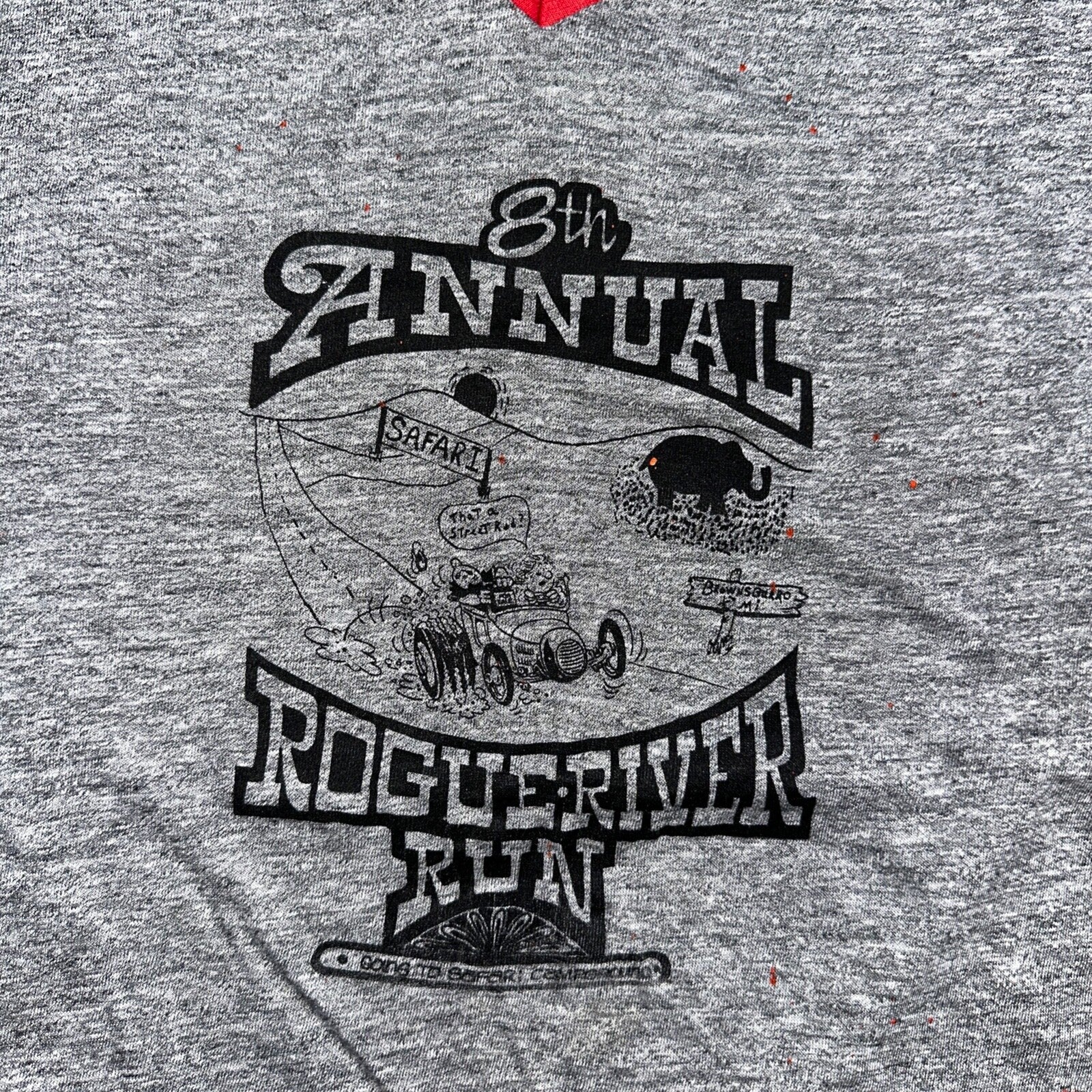 Rouge River Run V Neck Gray VTG T Shirt 80s Single Stitch Cars Graphic Rare Cool