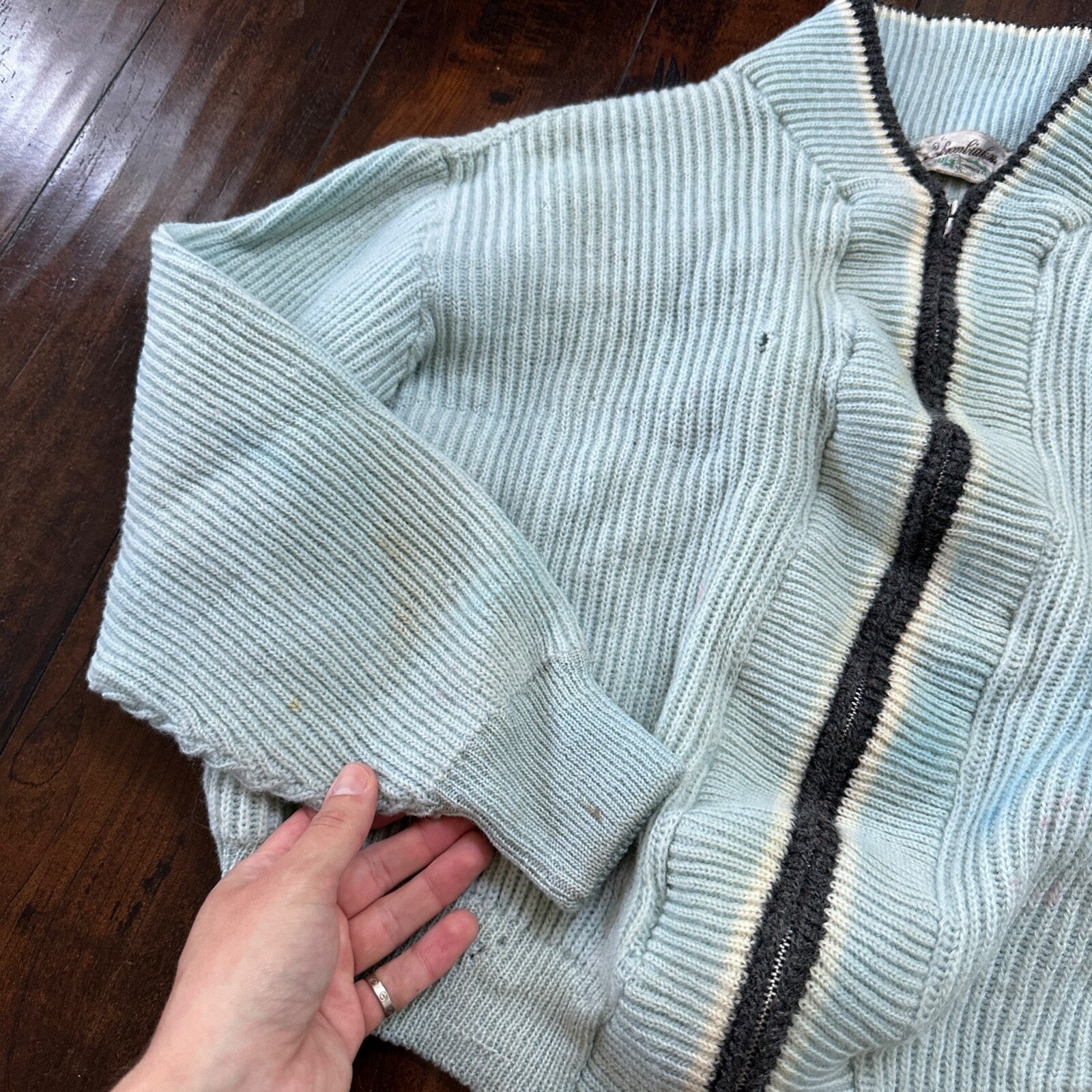 VTG 70s Columbia Knit Rugby Gear Sweater Zip Up Blue Color Block Made In USA