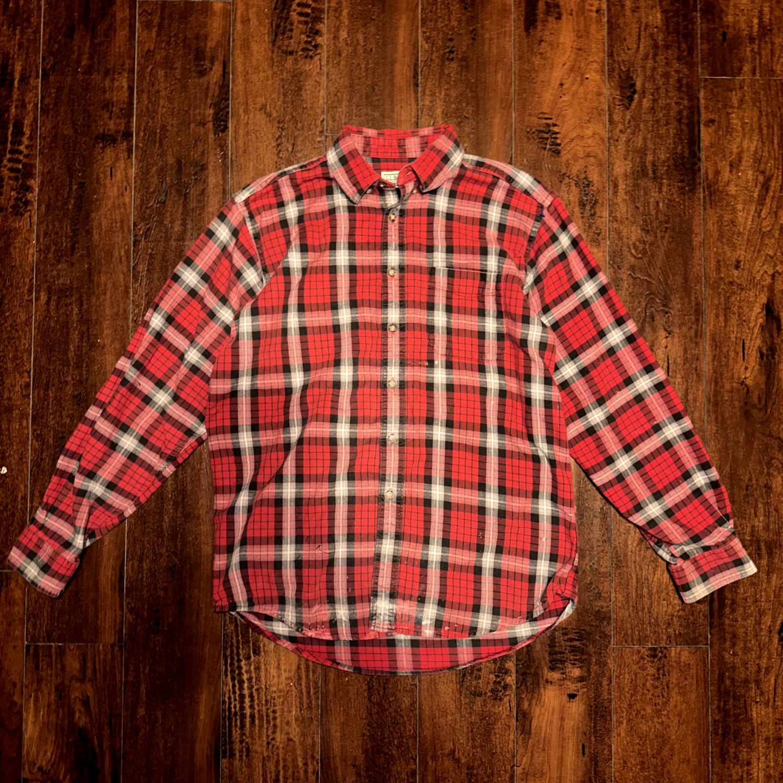LL Bean Shirt Jacket Mens Medium Red Flannel Chore Barn Button Down Fall Basic
