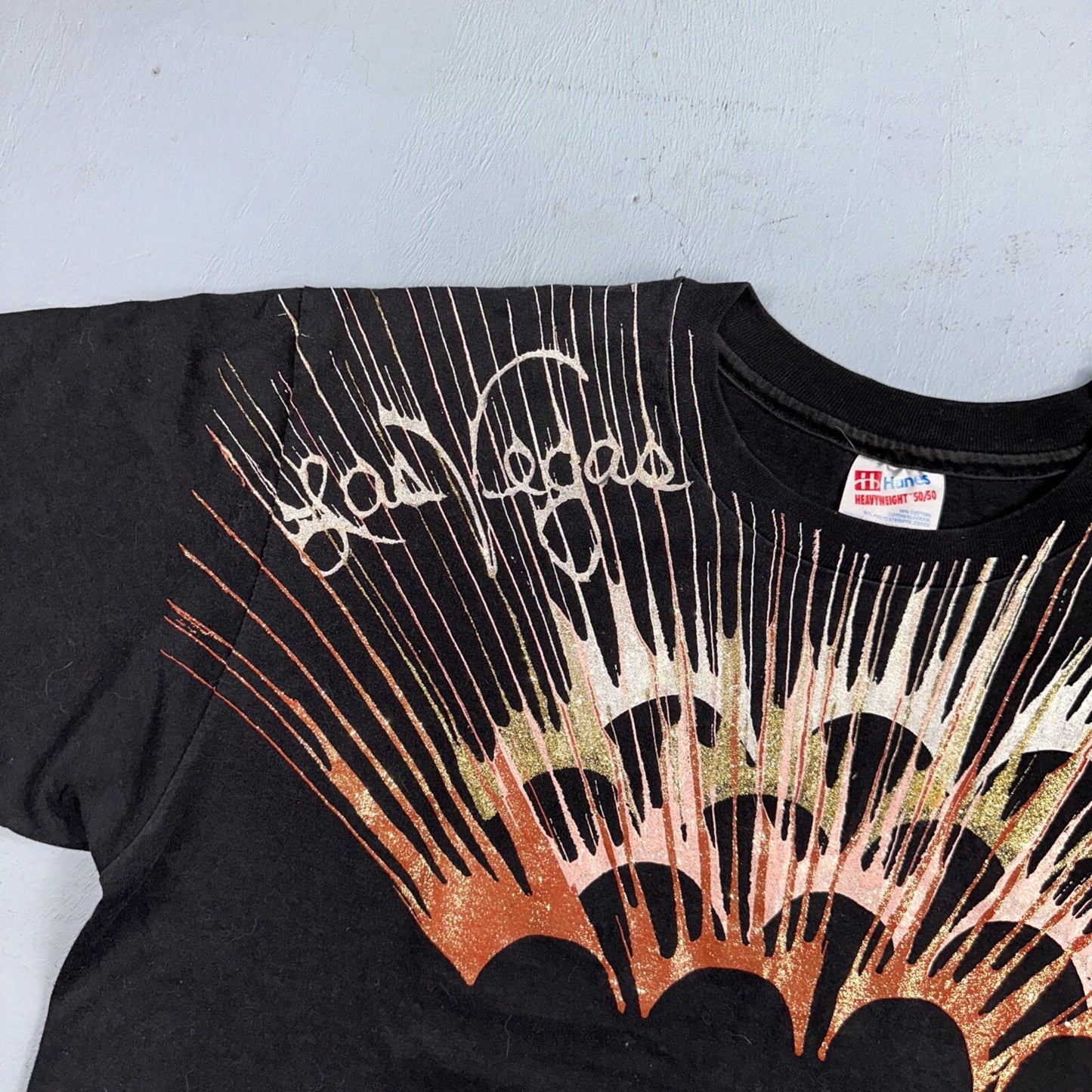 Hanes Las Vegas Nevada Glittery VTG T Shirt New Years Paint Splash Casino 90s