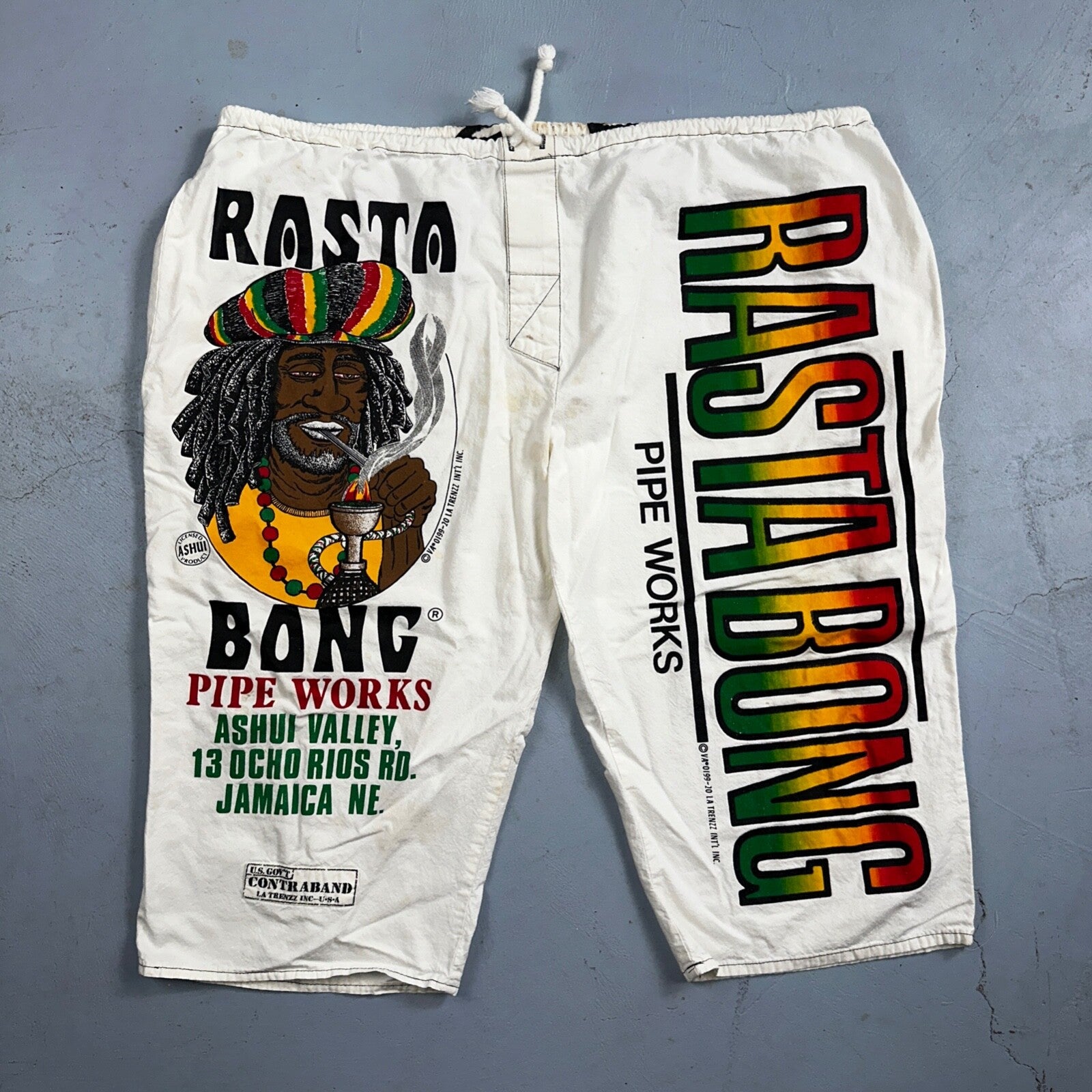 Rasta Bong Pipe Works Long Shorts White 100% Cotton One Size La Trenzz VTG 90s