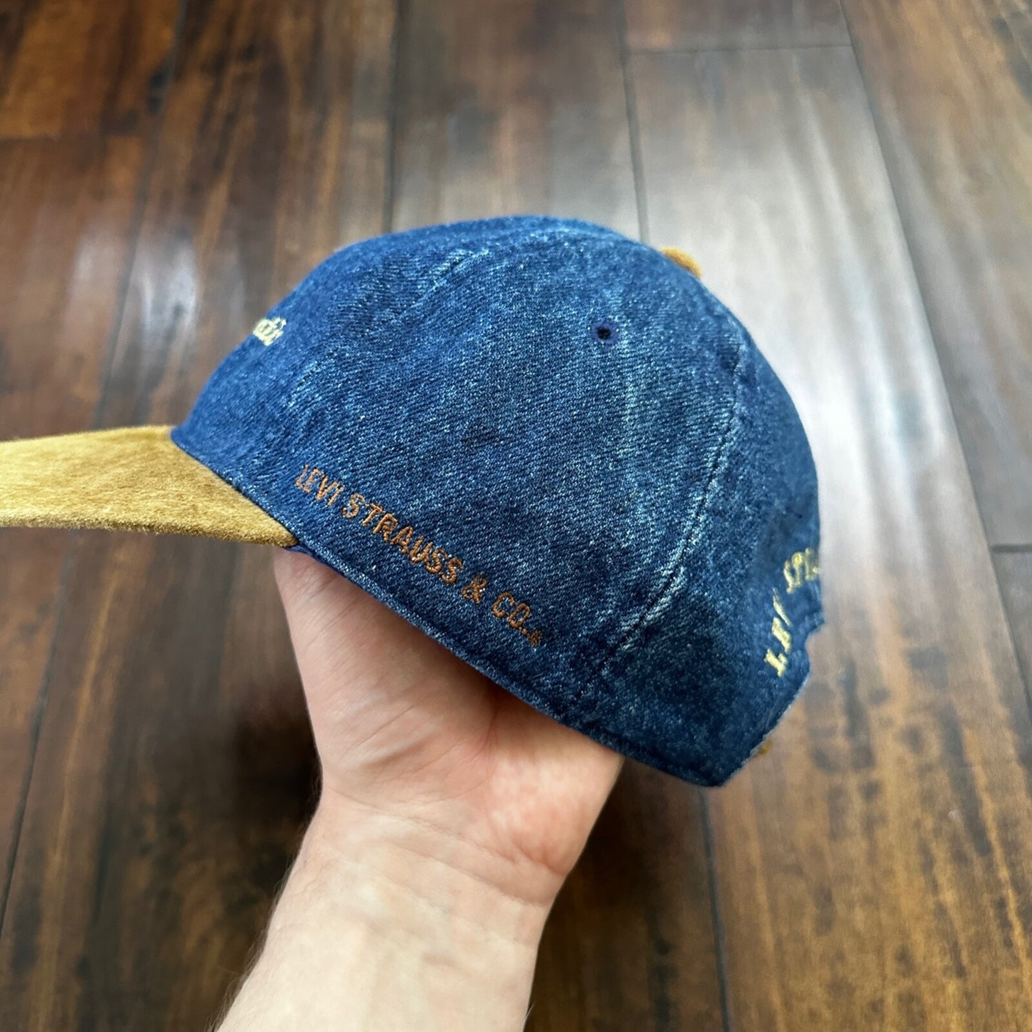 Vintage Levis Jeans Blue Denim w/ Brown Suede Leather Bill Strapback Hat Cap