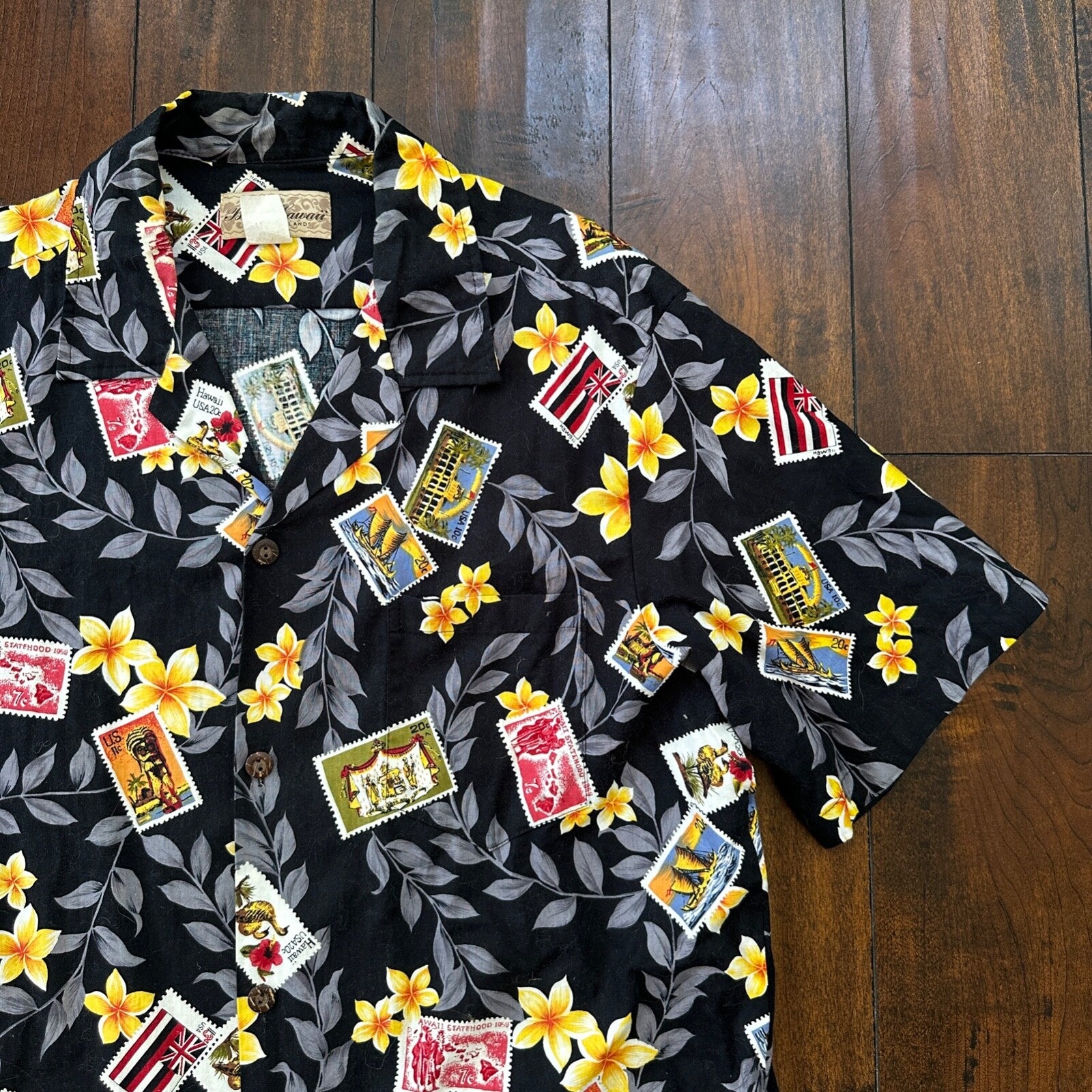 Vintage 80s Blue Hawaii Button Up Shirt Mens XL Ukulele Palms Hawaiian Stamps