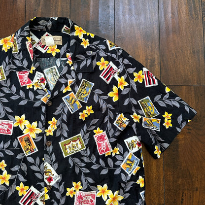 Vintage 80s Blue Hawaii Button Up Shirt Mens XL Ukulele Palms Hawaiian Stamps