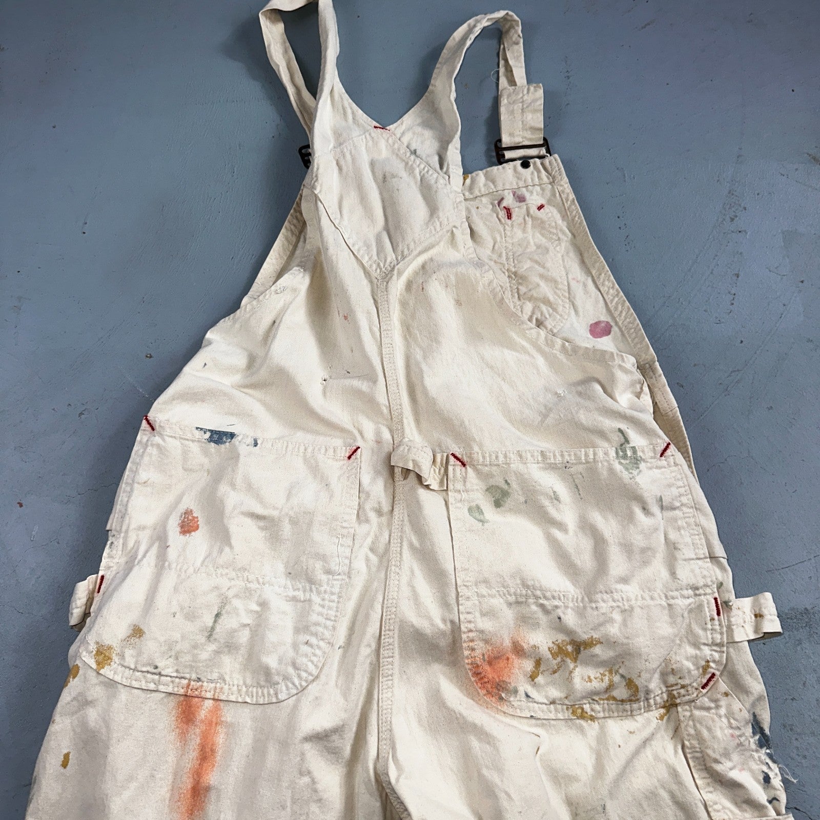 VTG Big Mac White Thrashed Overalls Carpenter Bibs Workwear Painter Paint Stain