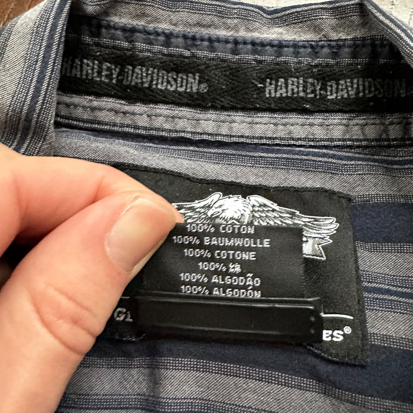 Harley Davidson Shirt Button Up XL Short Sleeve VTG Embroidery Striped Blue