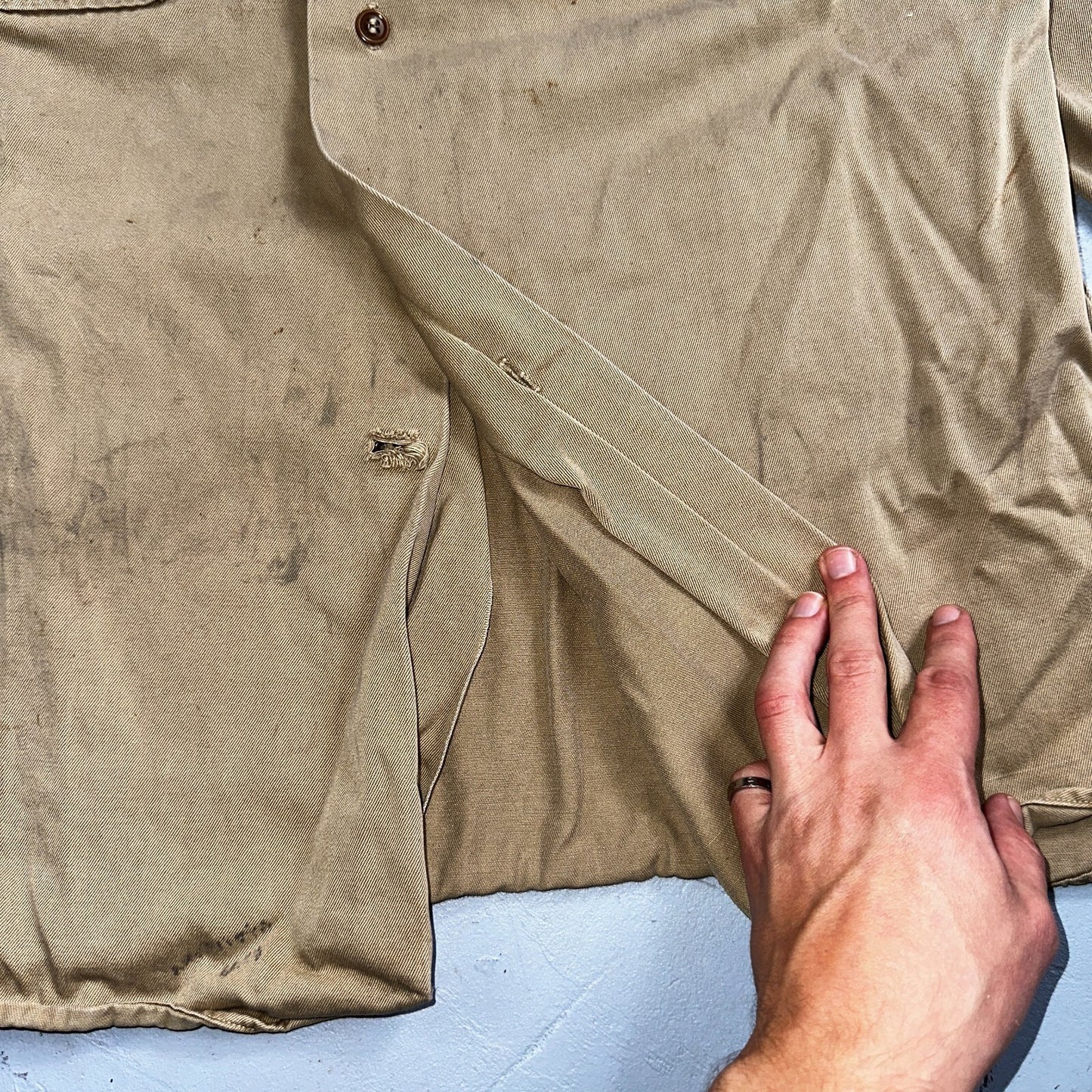 Vintage 40s WWII Gusset Khaki Work Army Military Button Shirt Stencil USN