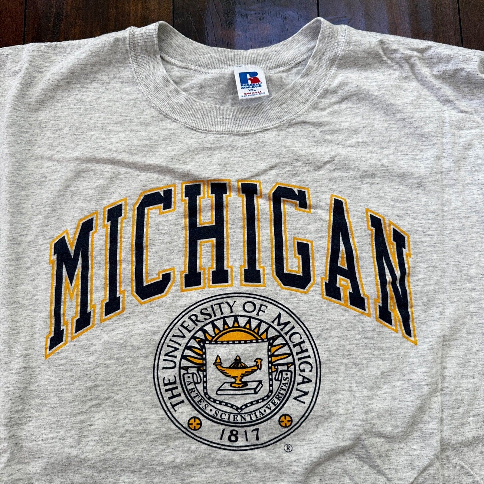 Michigan Russell Athletic 2XL USA VTG T Shirt Gray University College Basic Rap