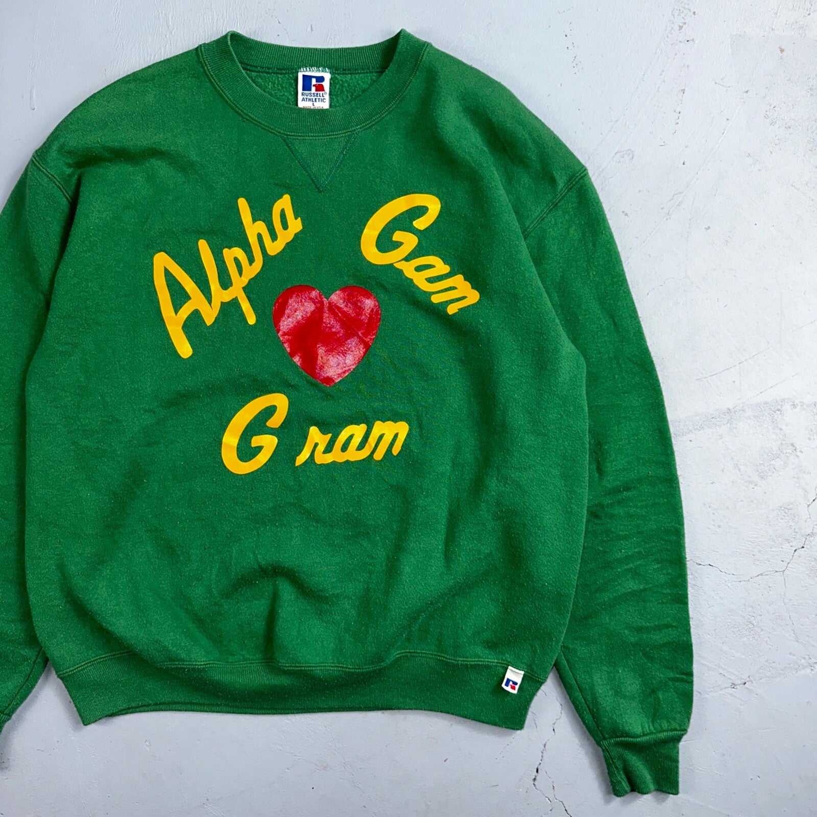 Russell Athletic Sweatshirt L Alpha Gam VTG Crewneck Green 90s USA College Uni