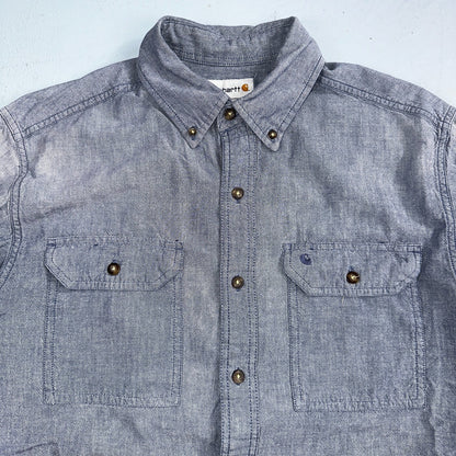 Carhartt Shirt Mens M Blue Chambray Relaxed Fit Button Up Work Adult Workwear