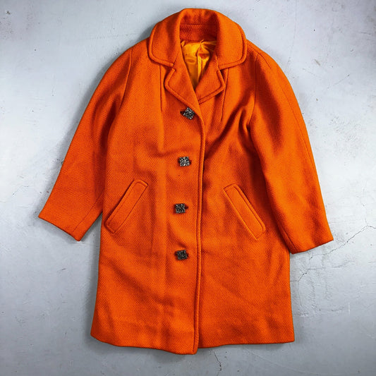 Vintage Lassie Junior Orange Wool Coat Mod 60s Button Up Retro Rockabilly S