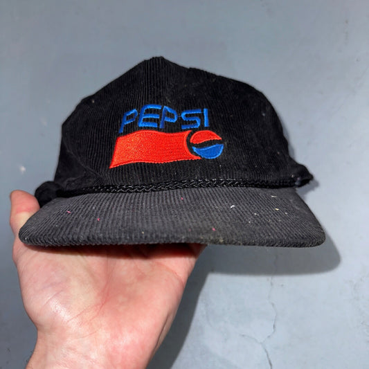 Pepsi VTG Black Corduroy Trucker Hat Cap Snapback Otto 80s 90s Rare Soda