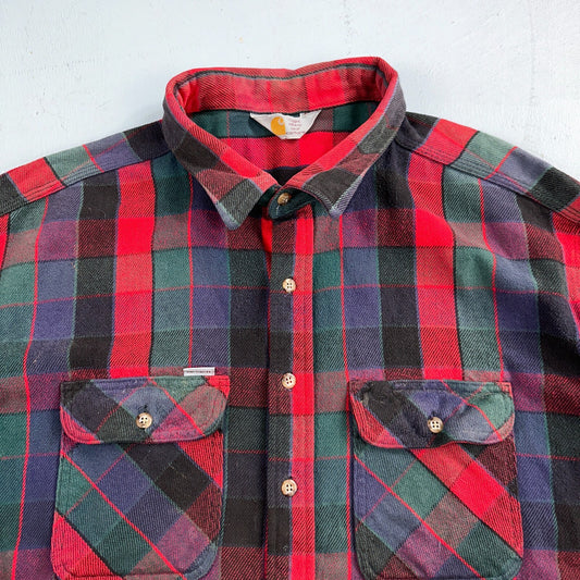 Carhartt Shirt Mens 2XL Red Buffalo Plaid Button Down Long Sleeve Distressed