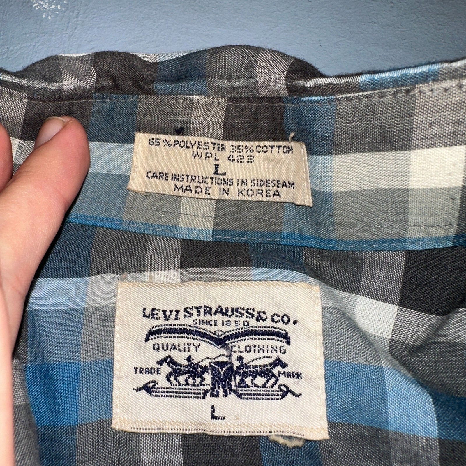 Levis VTG 1980s Pearl Snap Button Shirt Mens L Plaid 80s Cowboy Shirt Korea LS