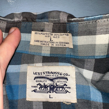 Levis VTG 1980s Pearl Snap Button Shirt Mens L Plaid 80s Cowboy Shirt Korea LS