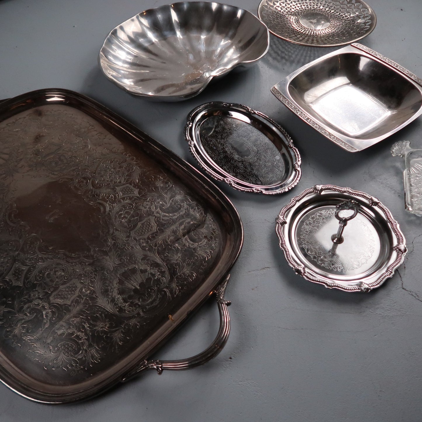 Vintage Baroque Victorian Not Silver Plated Platter Collection Lot Fancy Trays
