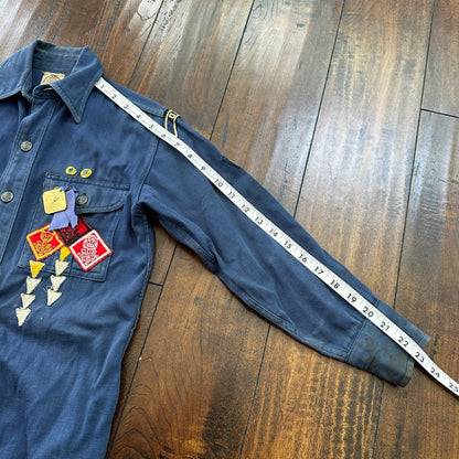 Vintage 60s BSA Boy Scouts Cub Shirt Blue Button Up Uniform Flawed Pins