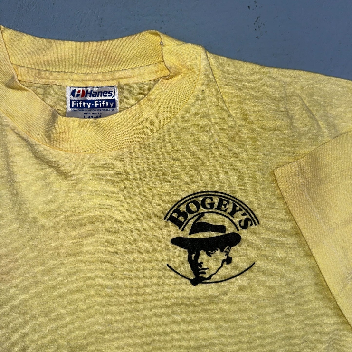 Hanes Bogeys VTG T Shirt Single Stitch Yellow Art Promo Large Classic Fun 50