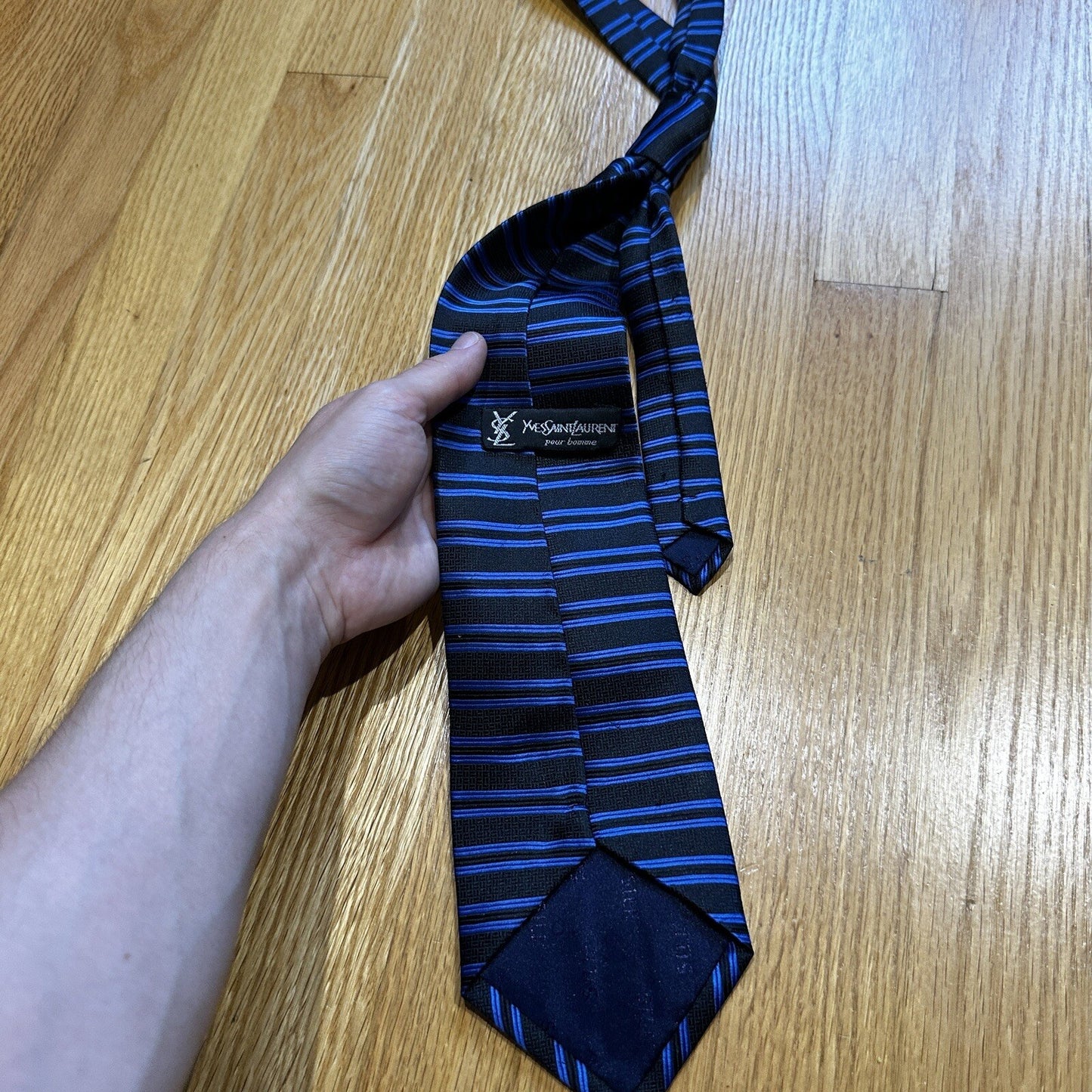 Vintage YSL Yves Saint Laurent Silk Geometric Floral Blue Striped Men's Neck Tie