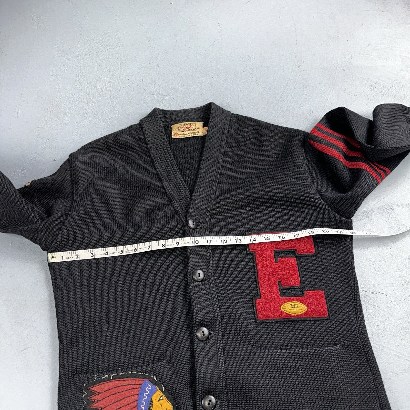 VTG Jack Frost 40s Wool Varsity Sweater Cardigan Indian Black E Evans Letterman