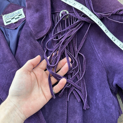 VTG Yearbook 1980s Suede Leather Jacket Purple Tassels Cowgirl Cowboy 80s 70s