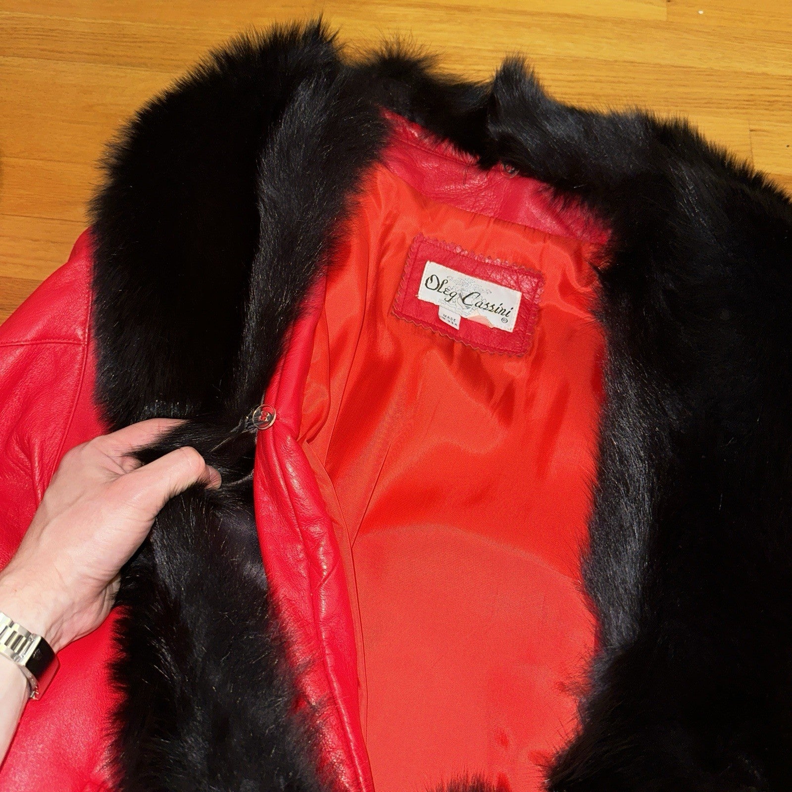 VTG Oleg Cassini Genuine Leather Blazer Fur Jacket Red Womens M 70s 80s Rare