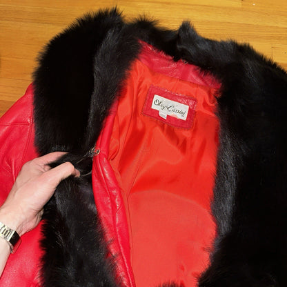 VTG Oleg Cassini Genuine Leather Blazer Fur Jacket Red Womens M 70s 80s Rare