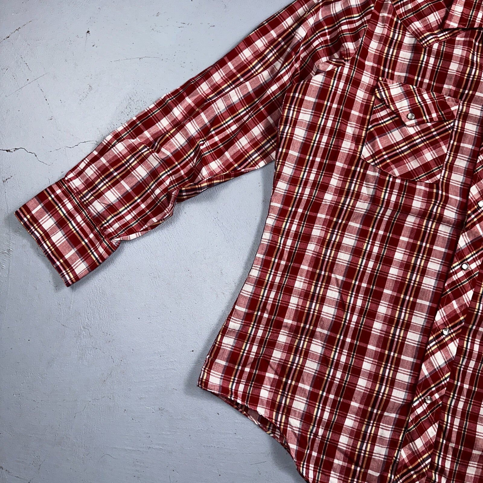 Sears VTG Western Wear L Plaid Ranch Rodeo Shirt Jacket Pearl Snap Red 16