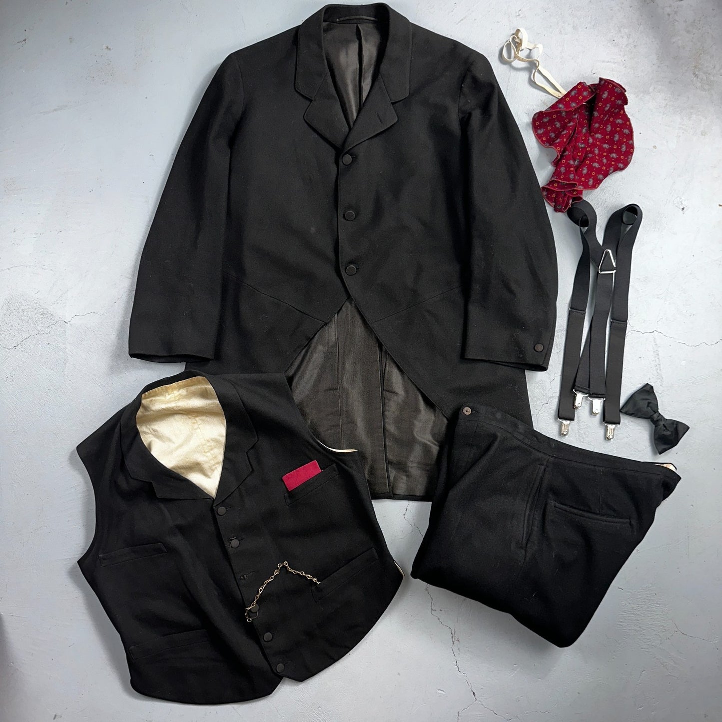 Antique 3 Pc Edwardian Morning Suit Black Wool Frock Coat Vest Pants 1890s 1900s