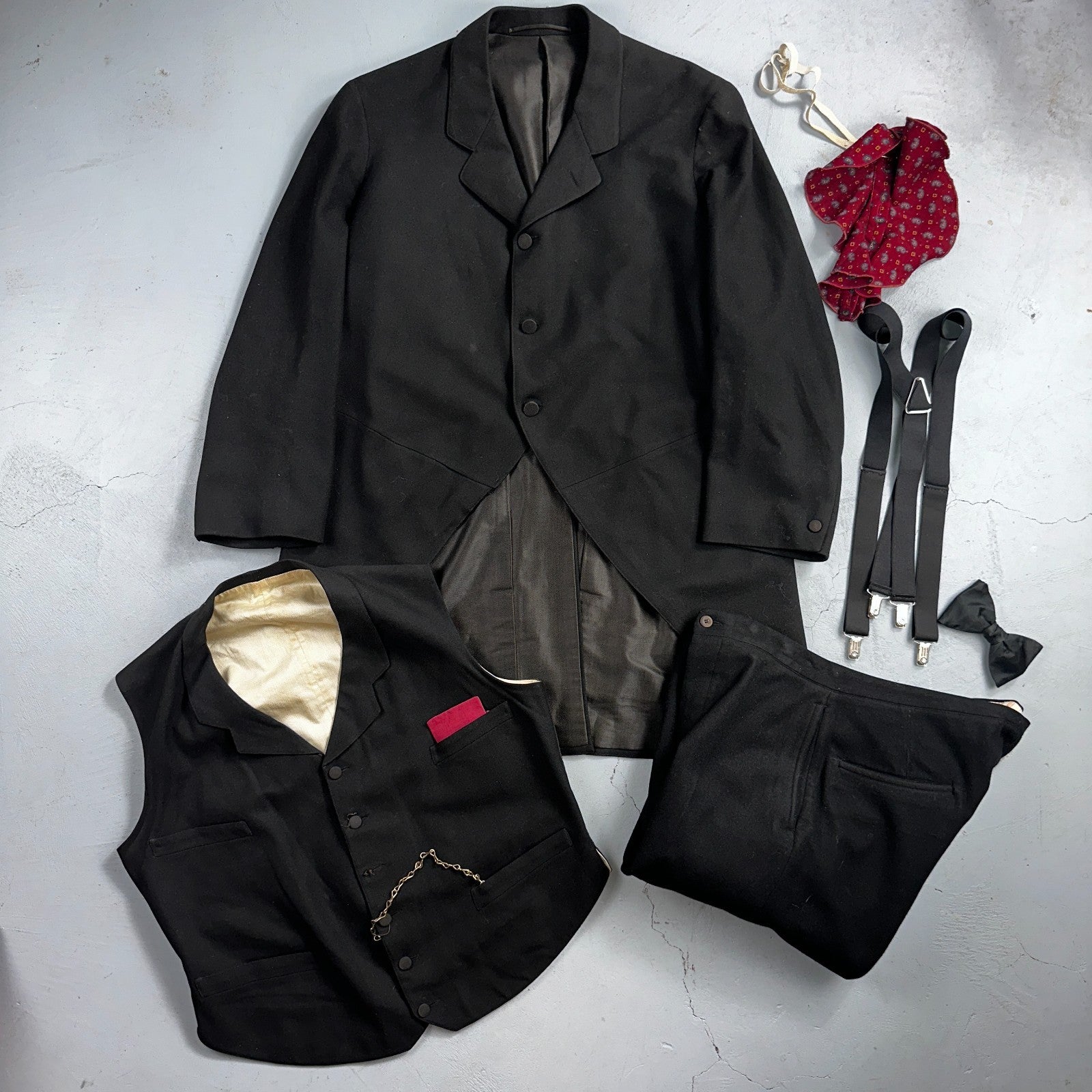 Antique 3 Pc Edwardian Morning Suit Black Wool Frock Coat Vest Pants 1890s 1900s