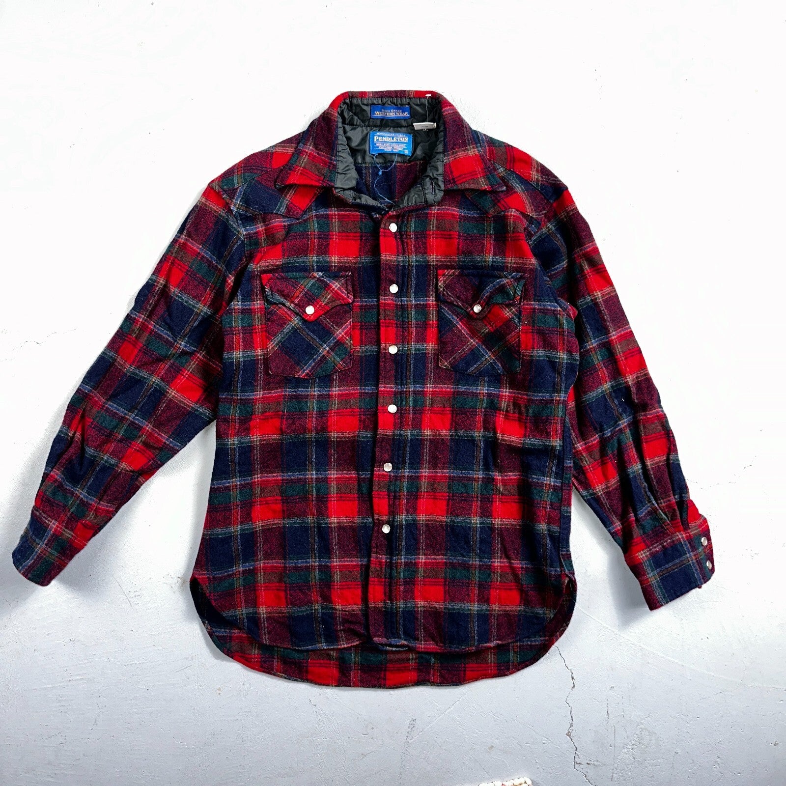 Pendleton VTG 100% Virgin Wool Western Plaid Shirt Pearl Snap Red High Grade