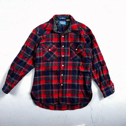 Pendleton VTG 100% Virgin Wool Western Plaid Shirt Pearl Snap Red High Grade