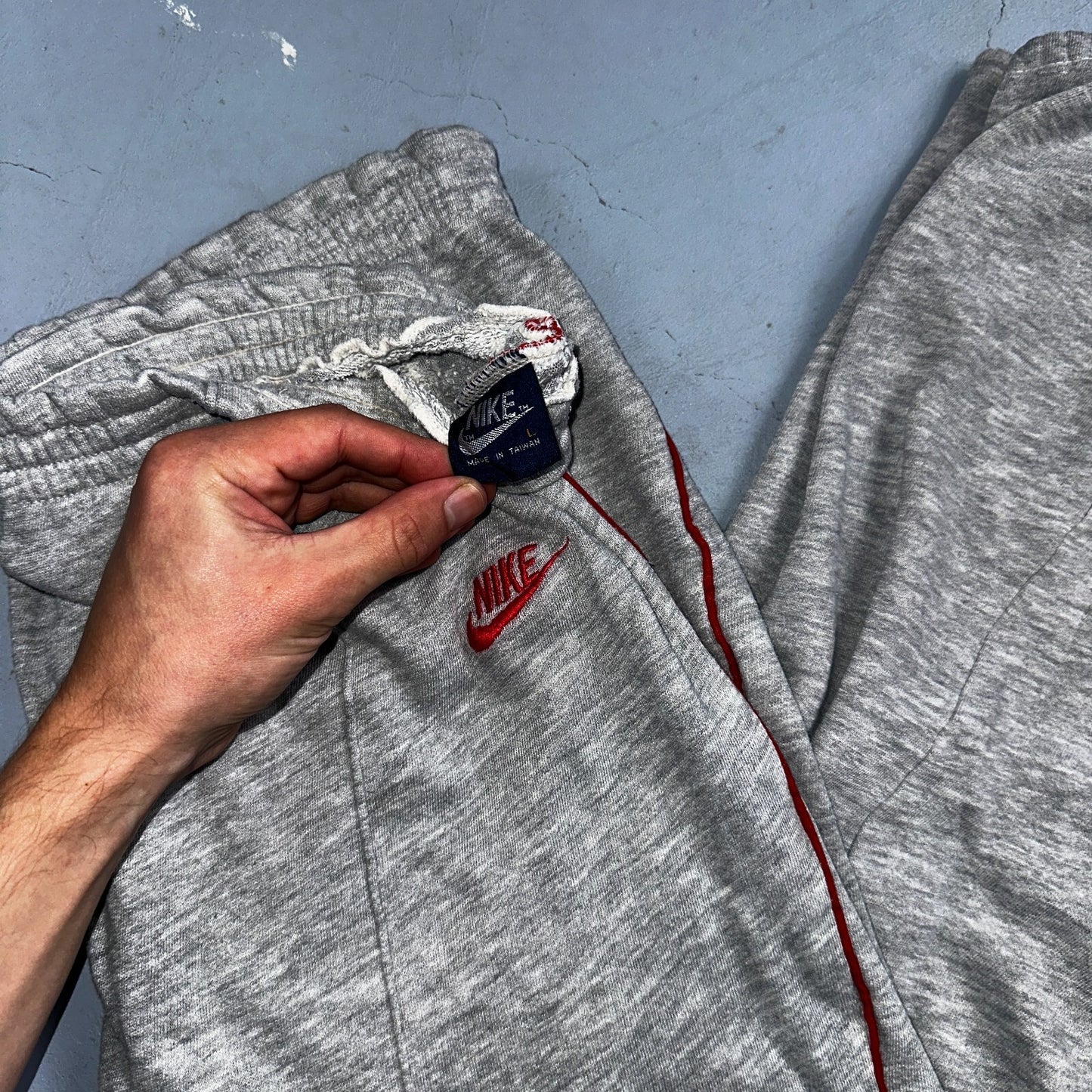 Nike Vintage 80s Sweatpants Large Gray Red Trim Blue Tag 1980s Cotton Jogger