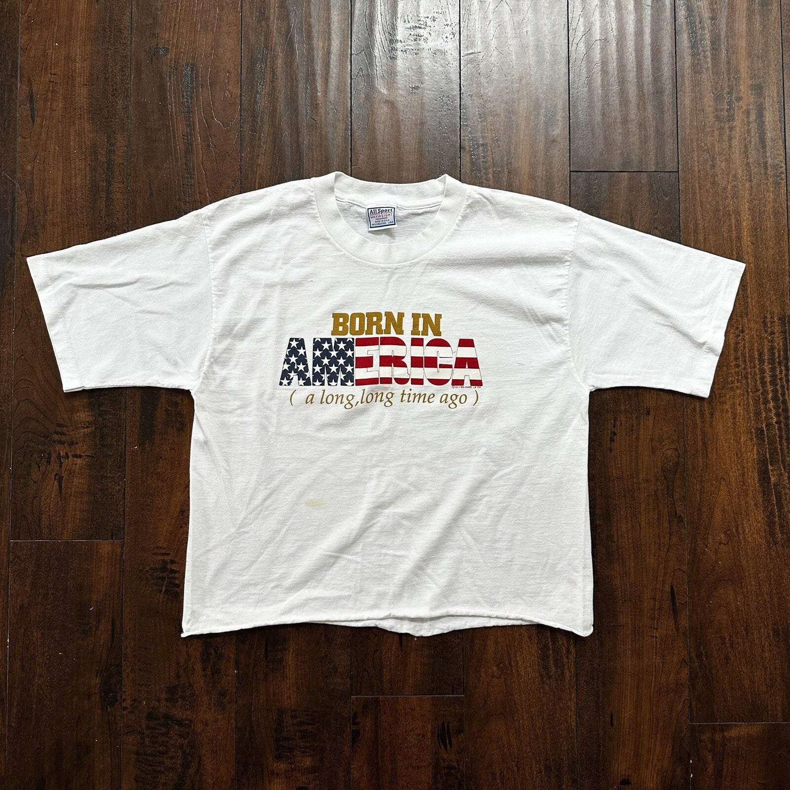 Vintage Born In America A Long Time Ago T Shirt 90s Crop Top USA Funny Humor