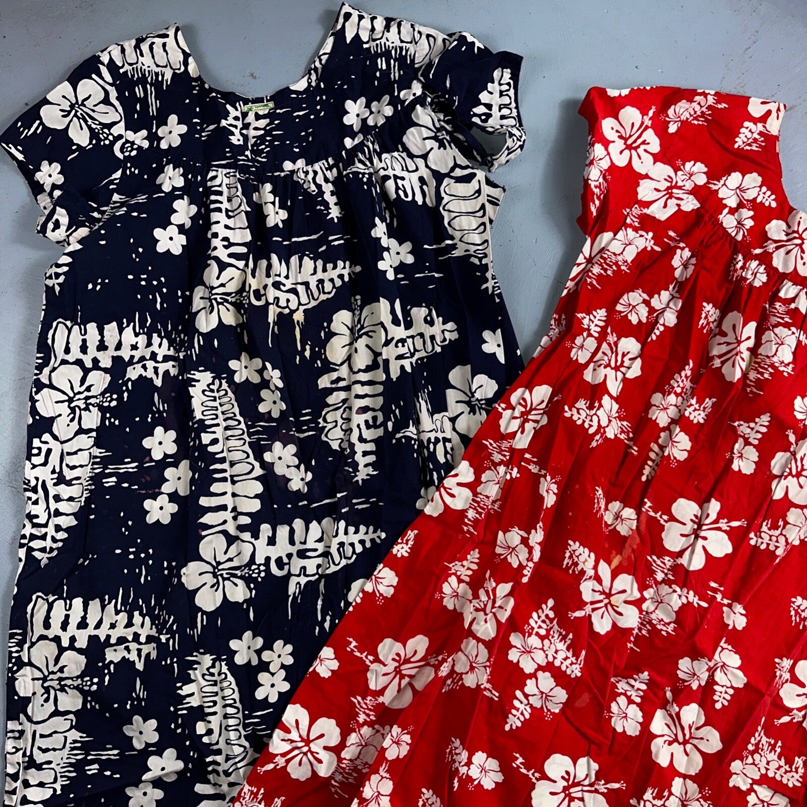 Vintage 60's Ui-Maikai Barkcloth Red and Blue Hawaiian Dress Lot Needs Repairs