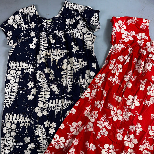Vintage 60's Ui-Maikai Barkcloth Red and Blue Hawaiian Dress Lot Needs Repairs