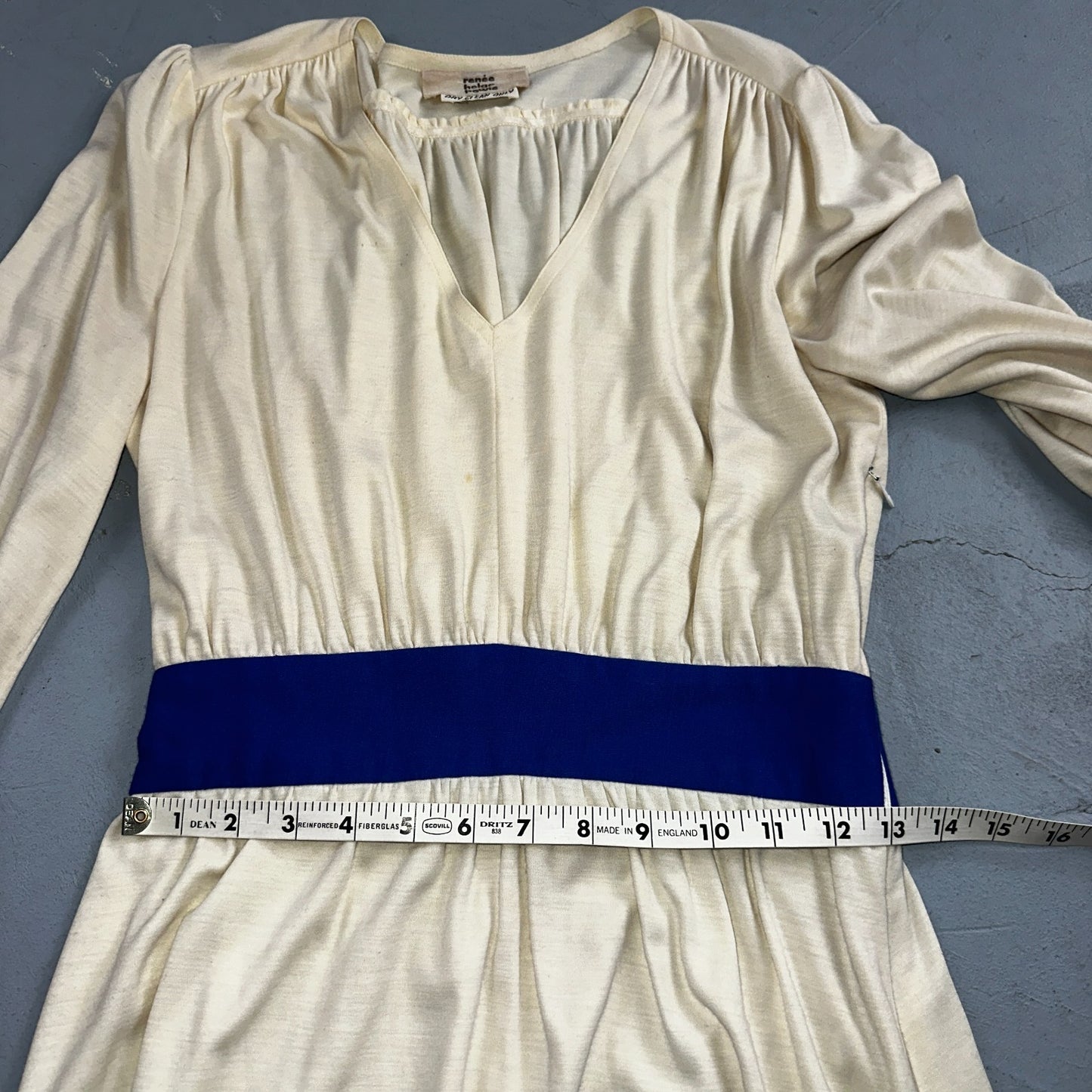 Vintage René Helga Howie Cream Midi Dress Blue Trim V-Neck 3/4 Sleeve Boho 70s