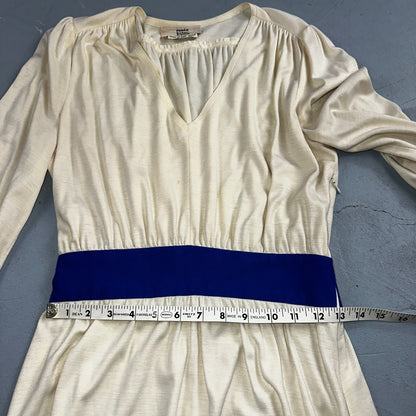 Vintage René Helga Howie Cream Midi Dress Blue Trim V-Neck 3/4 Sleeve Boho 70s